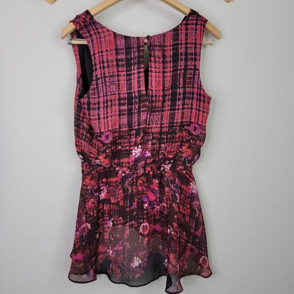 Bisou Bisou Pink Floral Plaid Peplum Blouse Top Size Small - Picture 7 of 9